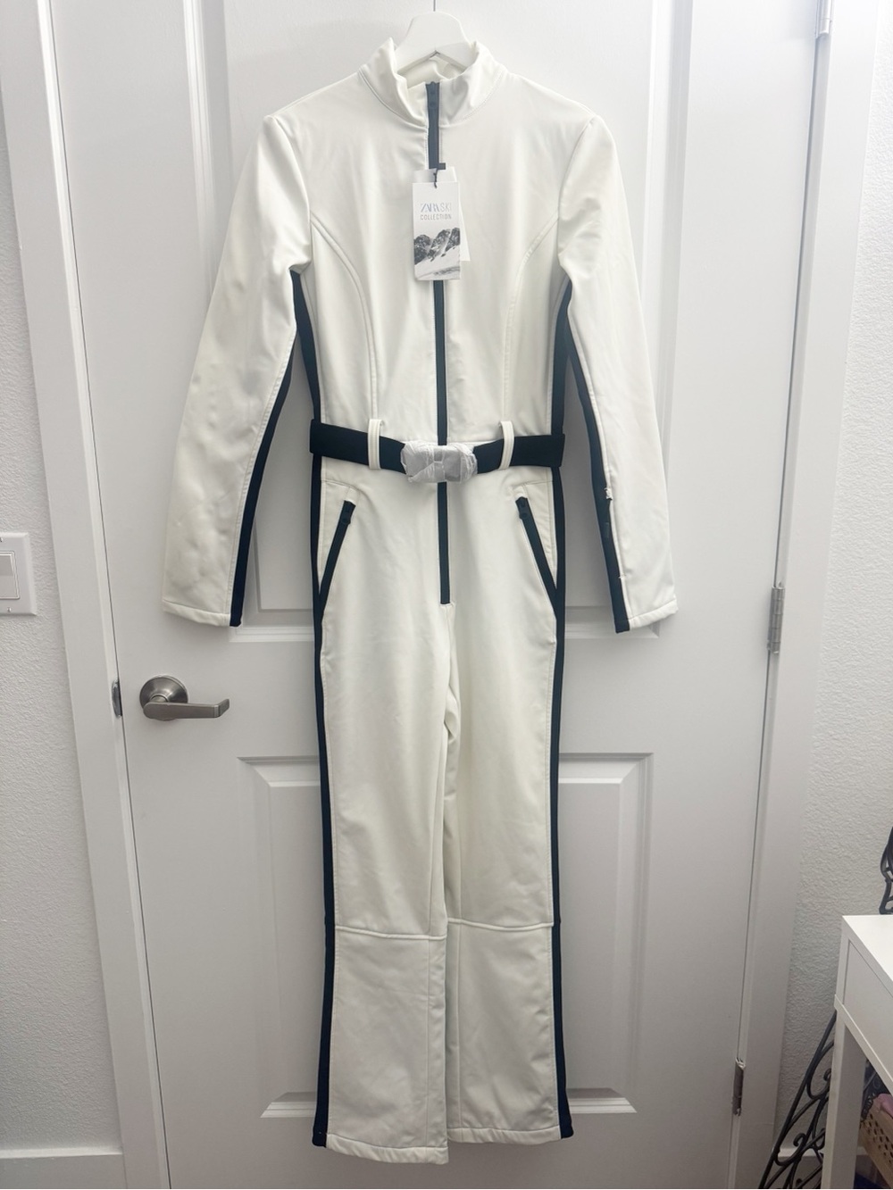 ZARA SKI COLLECTION "The Ski Suit" White Ski Jumpsuit with Black Contrast Trim S